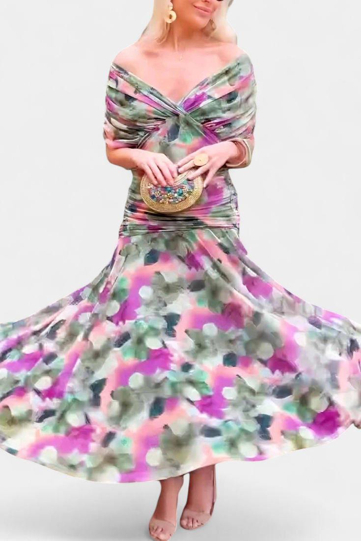 Alondra Long Dress with Fantasy Floral Print and V-Neck