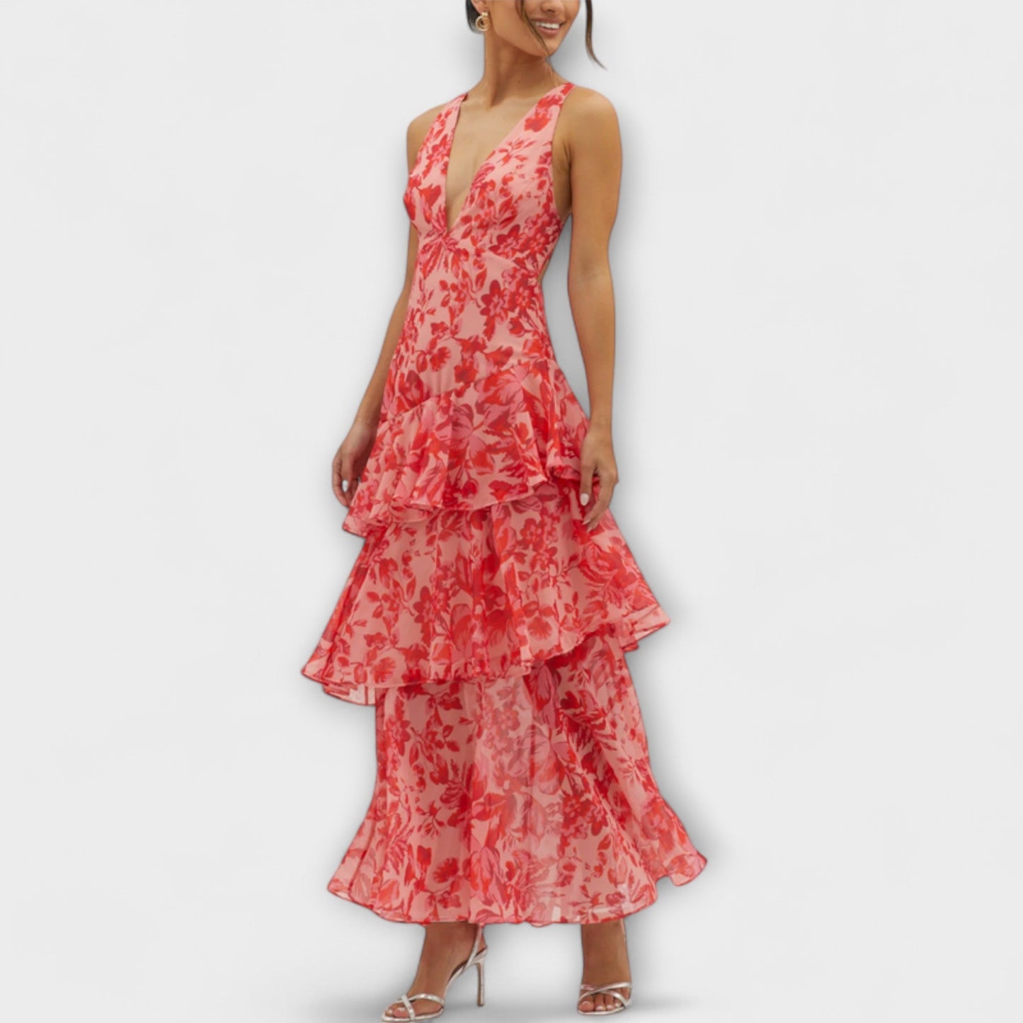 Domenica - V-Neck Chiffon Dress with Flowing Layers