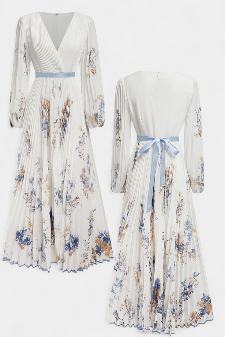 Phaedra Long Pleated Chiffon Dress with Balloon Sleeves
