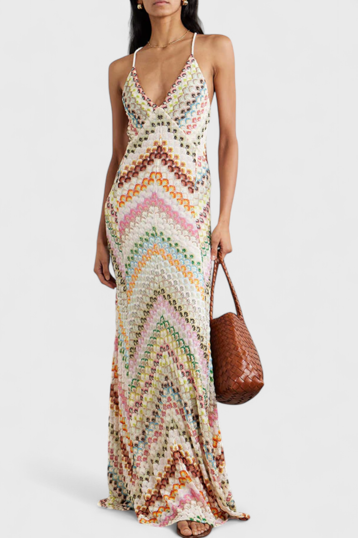 Agostina Long Lace Dress with V-Neck and Zigzag Pattern