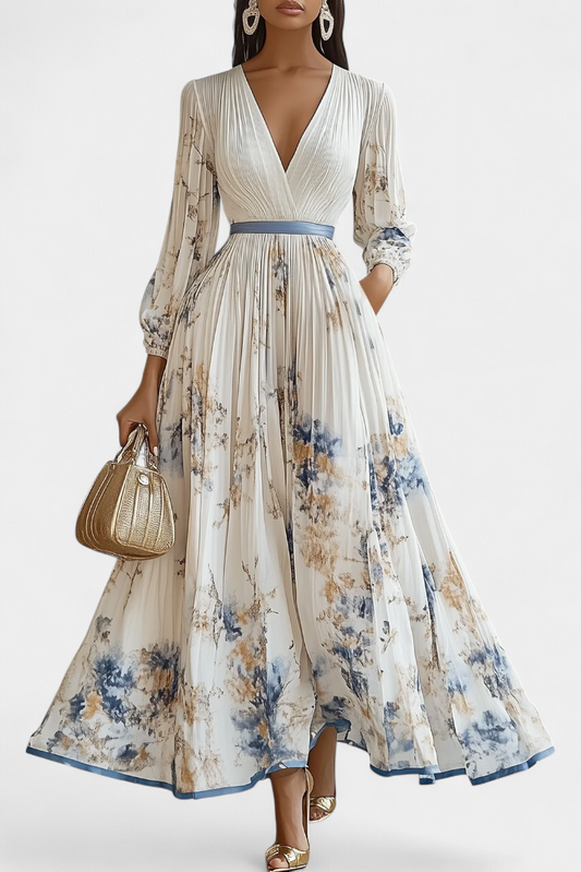 Phaedra Long Pleated Chiffon Dress with Balloon Sleeves