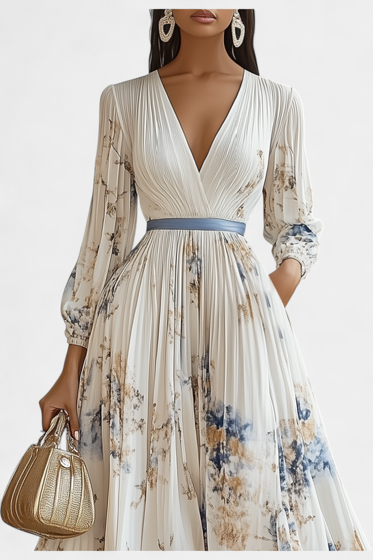 Phaedra Long Pleated Chiffon Dress with Balloon Sleeves
