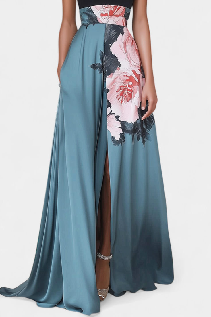 Radmila A-Line Dress with Black Bodice and Contrasting Floral Skirt