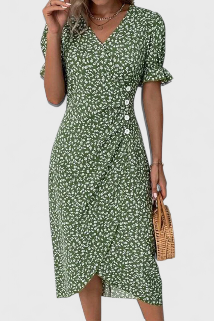 Joana Midi Floral Dress with V-Neck and Short Sleeves