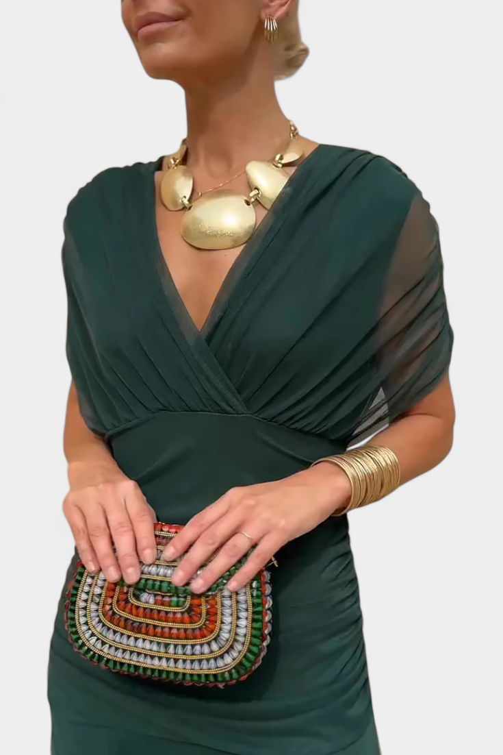 Alondra Long Dress with Fantasy Floral Print and V-Neck