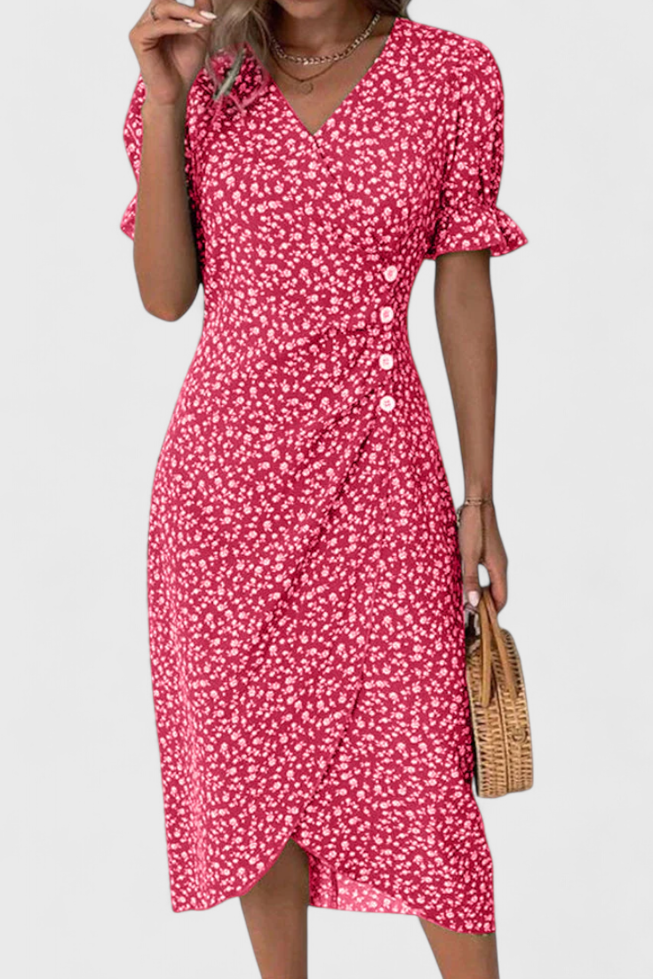 Joana Midi Floral Dress with V-Neck and Short Sleeves