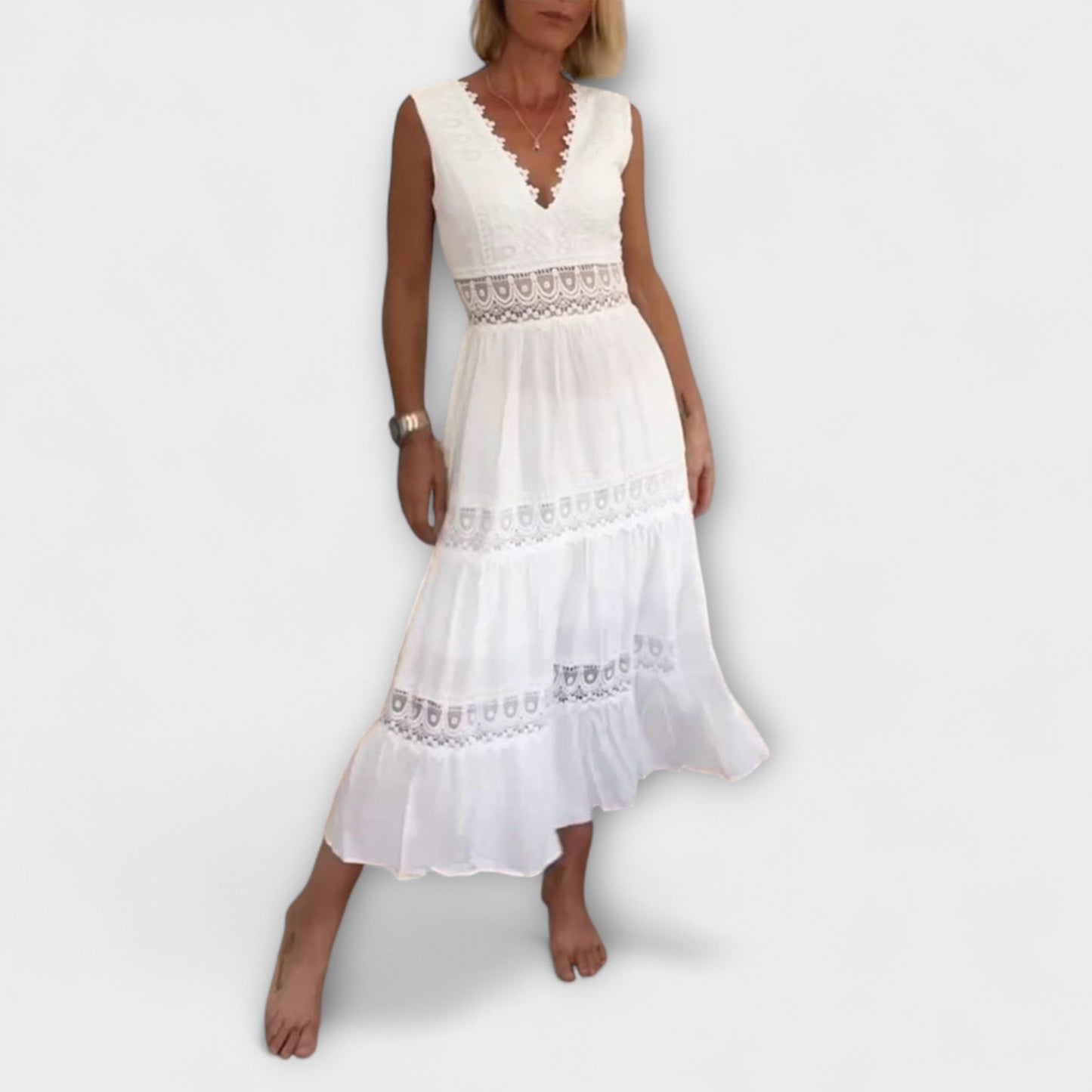 Ninfea Sleeveless Boho Midi Dress with Lace Details