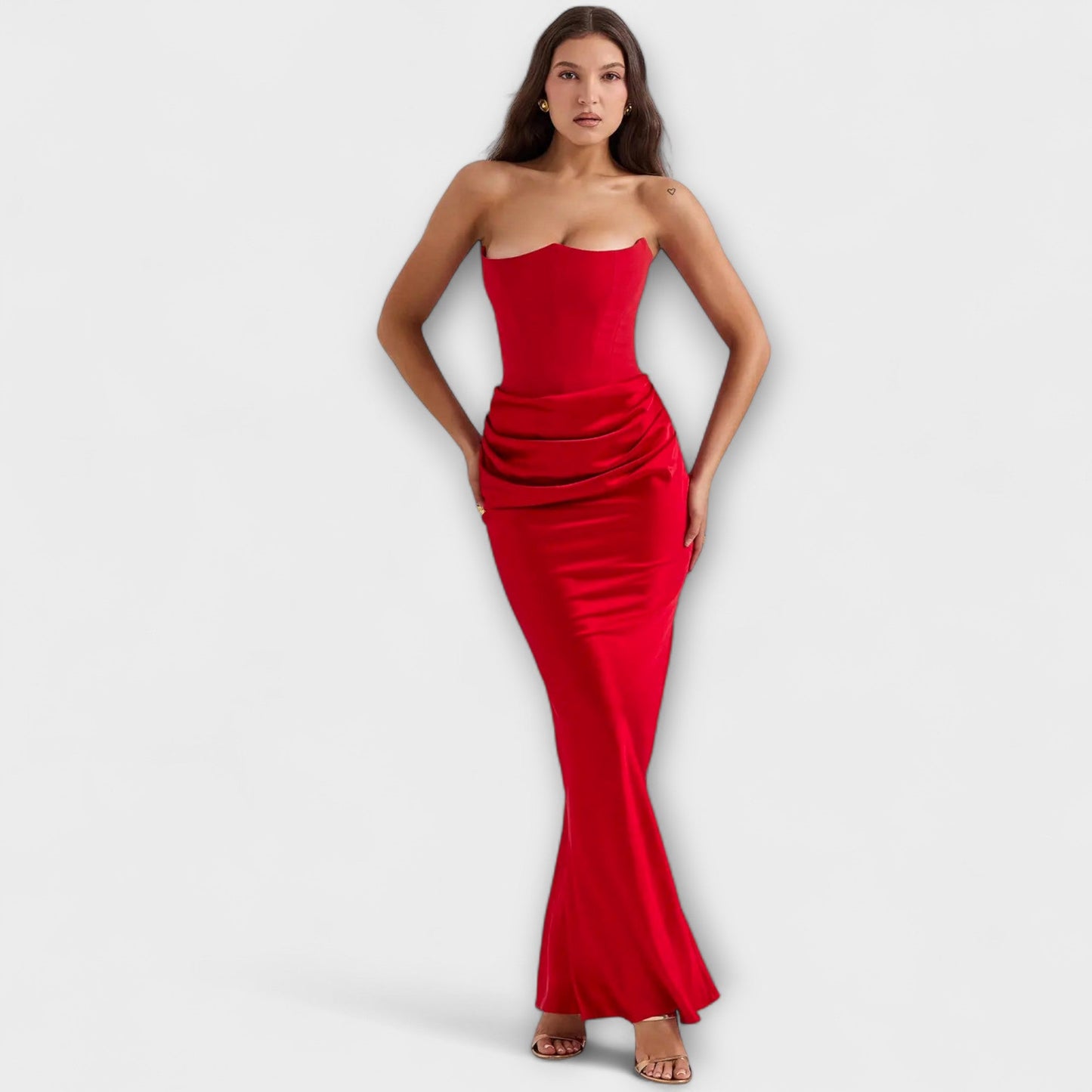 Strapless Satin Maxi Dress with Draped Detail