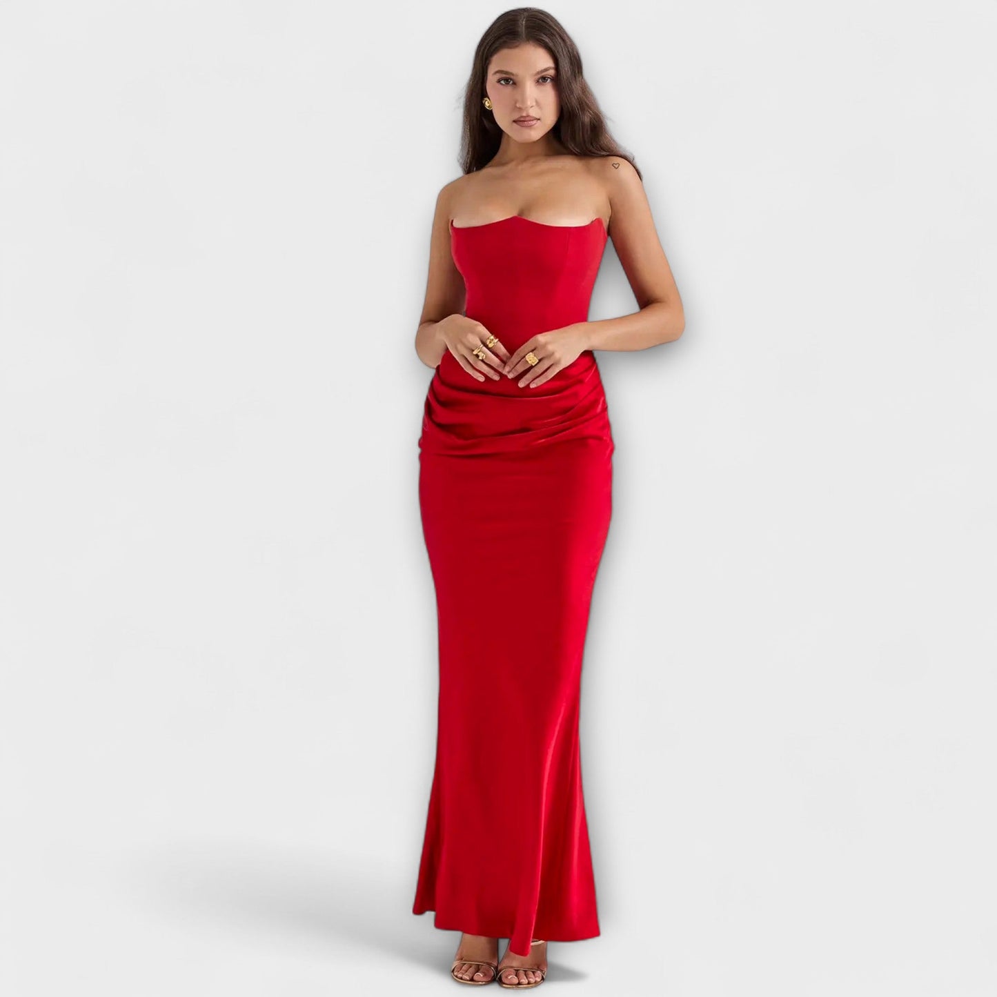 Strapless Satin Maxi Dress with Draped Detail