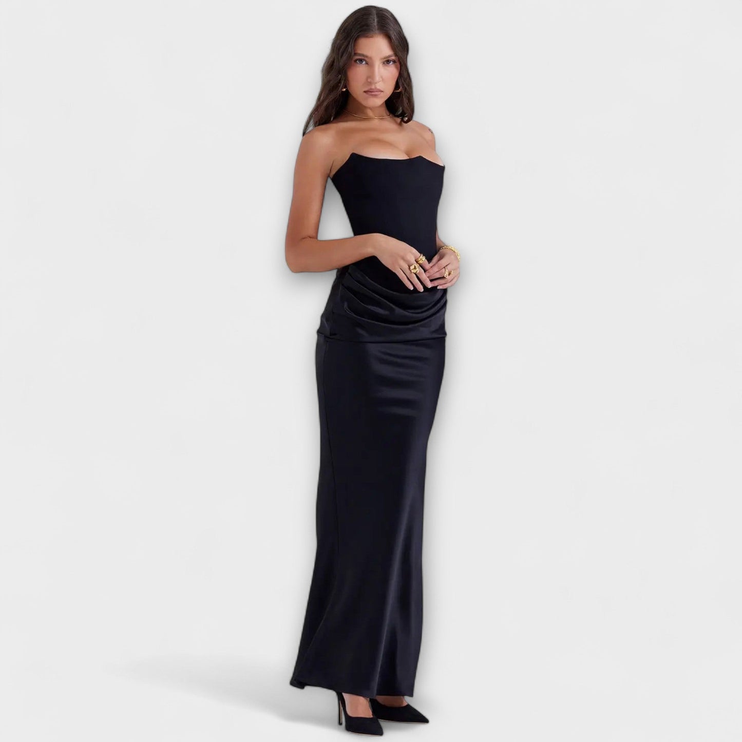 Strapless Satin Maxi Dress with Draped Detail