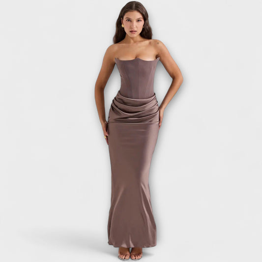 Strapless Satin Maxi Dress with Draped Detail