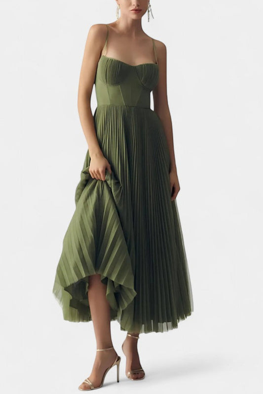 Ottilie Pleated Chiffon Dress with Sculpted Corset and Heart Neckline