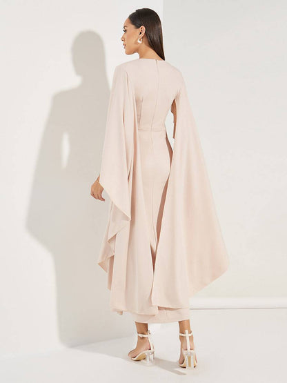 Rachel - Hot Pink Midi Dress with V-Neck and Chiffon Sleeves