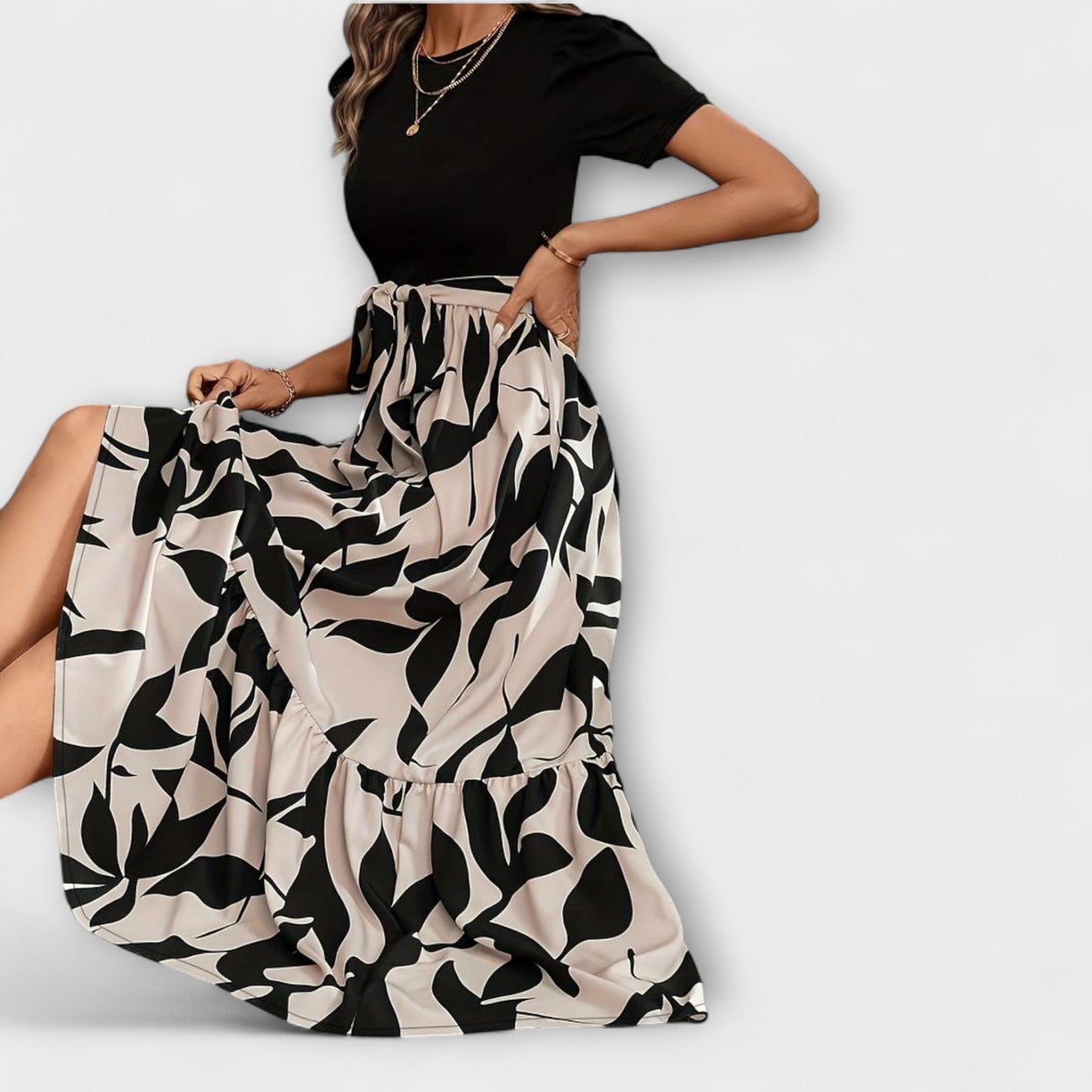 Luna - Floral Print Summer Dress with Round Neck
