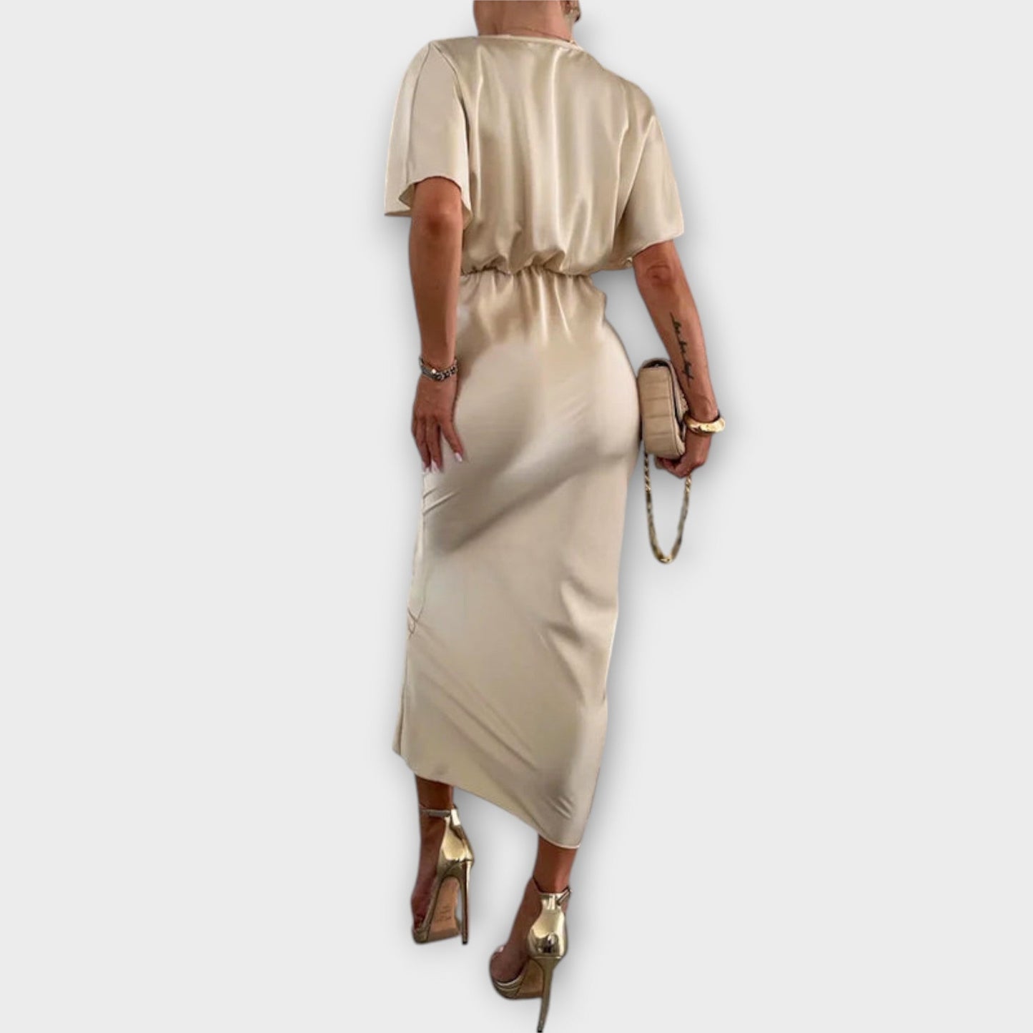 Sable - Solid Satin V-Neck Cross-Knot Slim Fit Maxi Dress