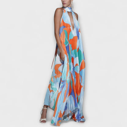 Vida - Stylish Pleated Halterneck Backless Midi Dress with Strap Detail
