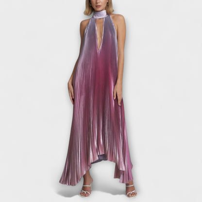 Vida - Stylish Pleated Halterneck Backless Midi Dress with Strap Detail
