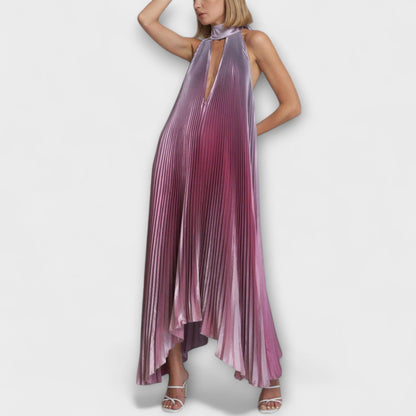 Vida - Stylish Pleated Halterneck Backless Midi Dress with Strap Detail