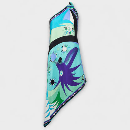 Esme - Unique Printed Satin Midi Dress with Asymmetrical Hem