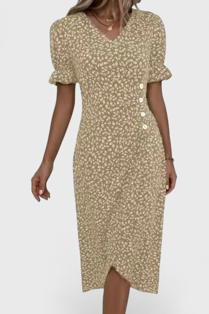 Joana Midi Floral Dress with V-Neck and Short Sleeves