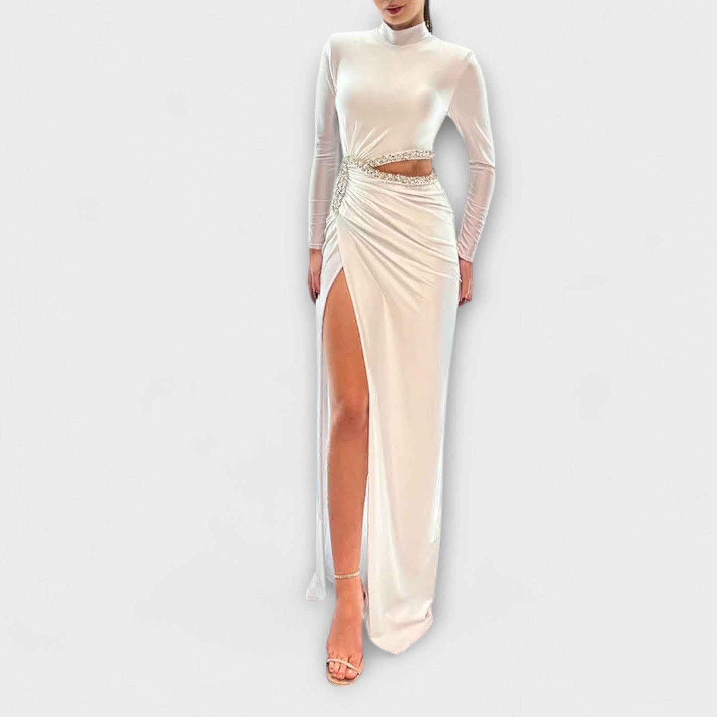 Selah - White Long Sleeve Dress with Waist Cutout and Rhinestone Details