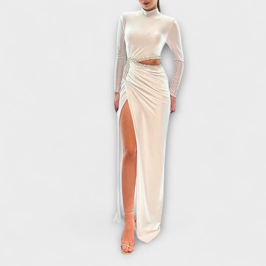 Selah - White Long Sleeve Dress with Waist Cutout and Rhinestone Details