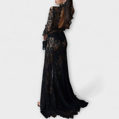 Azalea - Midnight Elegance Sheer Cutout Long Sleeve Stretch Maxi Dress