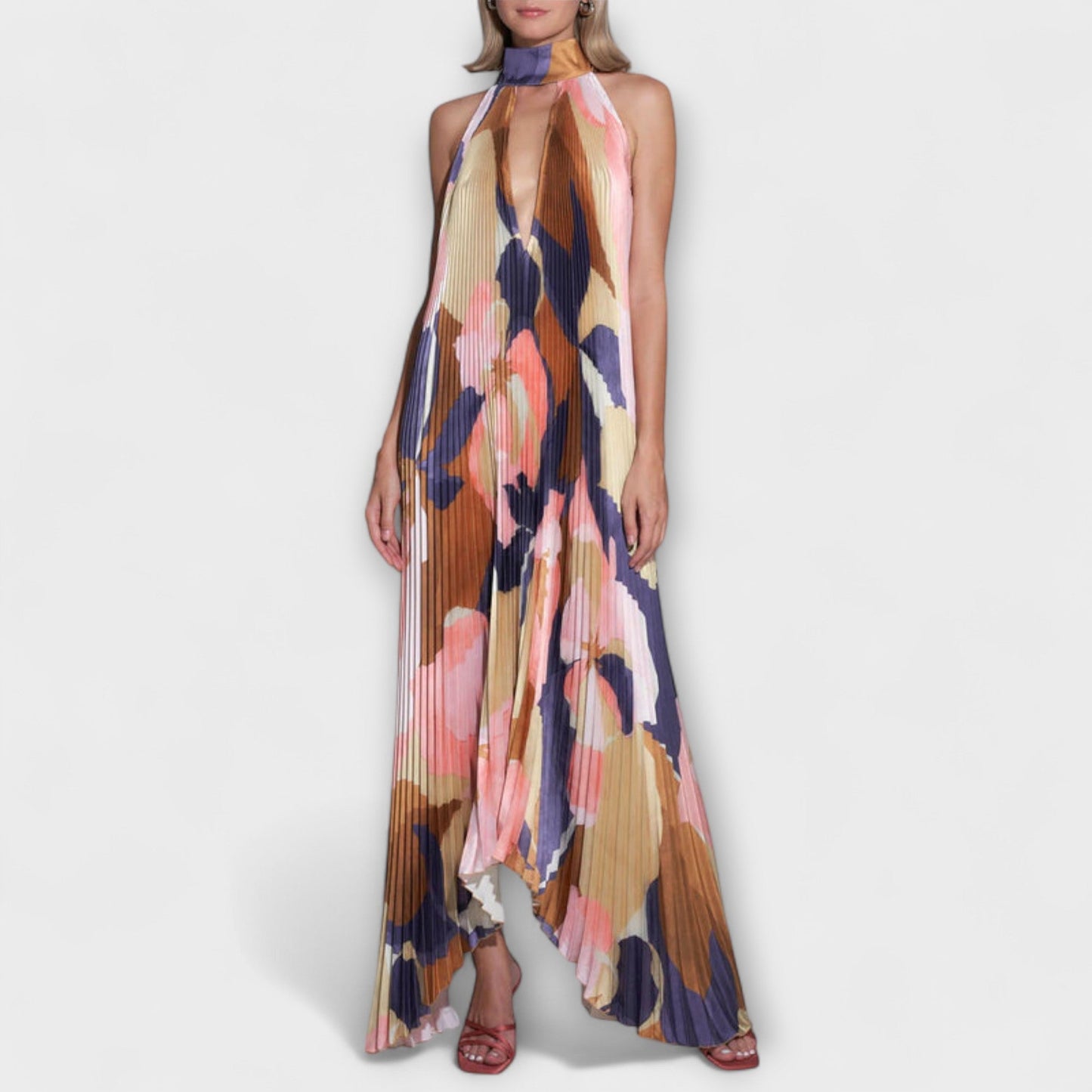 Vida - Stylish Pleated Halterneck Backless Midi Dress with Strap Detail
