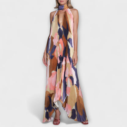 Vida - Stylish Pleated Halterneck Backless Midi Dress with Strap Detail