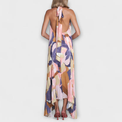 Vida - Stylish Pleated Halterneck Backless Midi Dress with Strap Detail