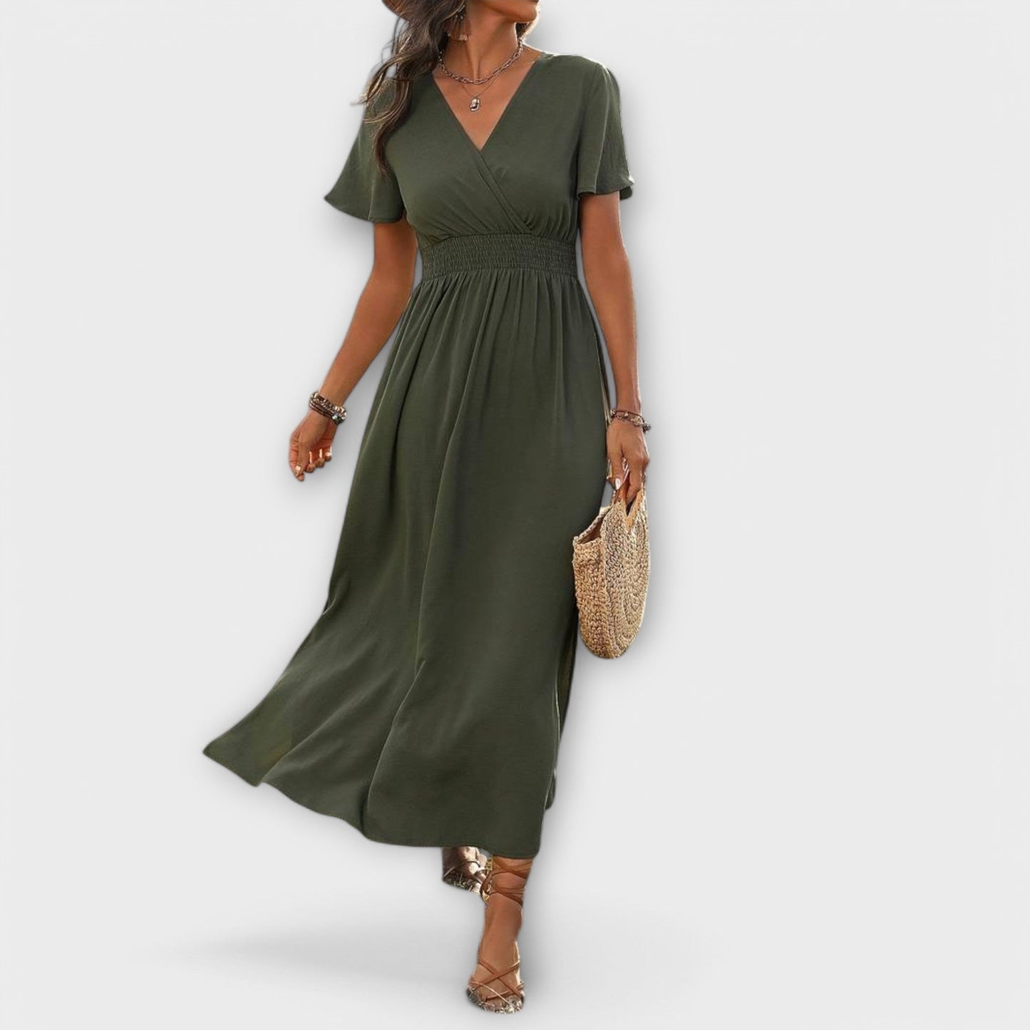 Heather - Elegant Boho V-Neck Dress with Long Sleeves