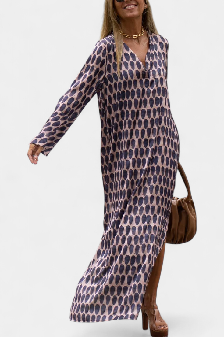 Brisa Long Geometric Dress with Side Slit and V-Neck