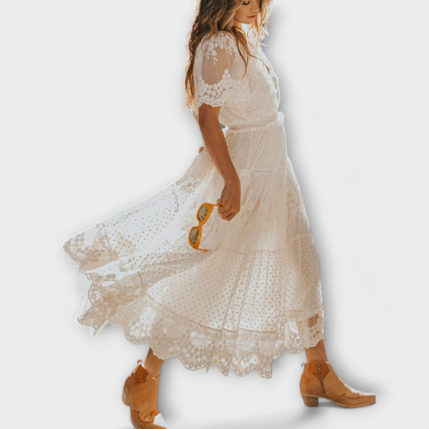Lace Midi Dress with V-Neck and Short Sleeves