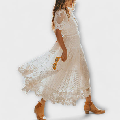 Lace Midi Dress with V-Neck and Short Sleeves