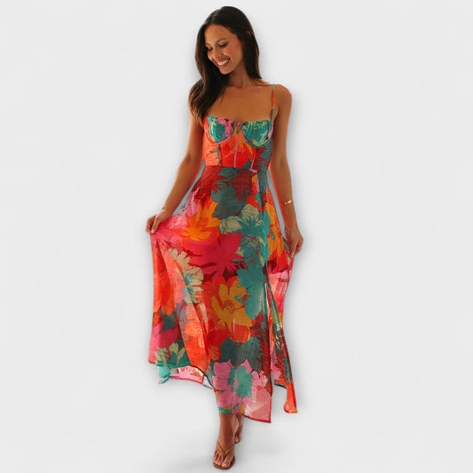 Audrey - Women's Floral Print Strap Dress - Chic and Alluring