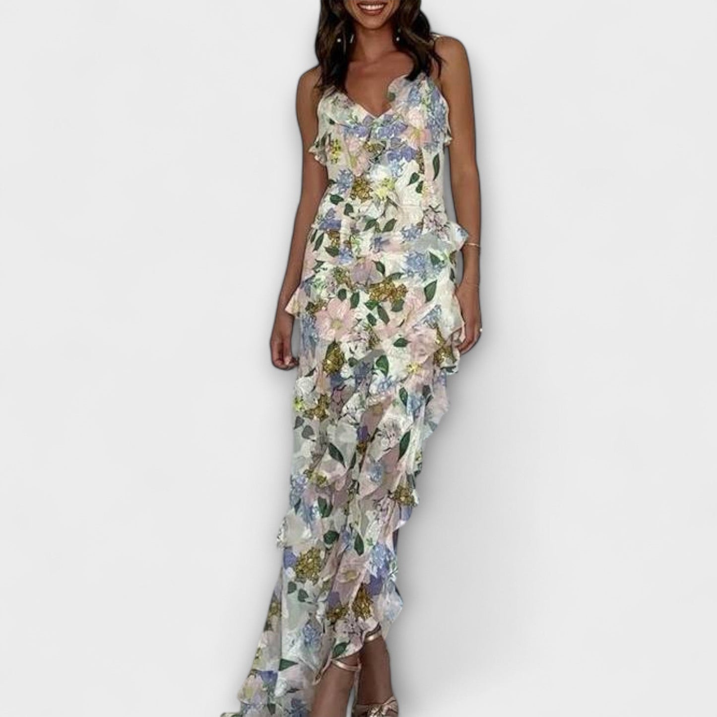 Indie Ruffled Dress with Strap Print
