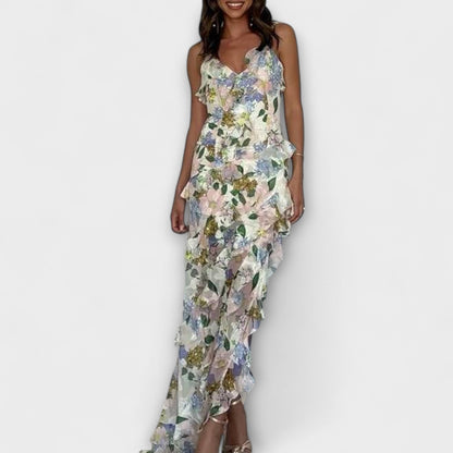 Indie Ruffled Dress with Strap Print