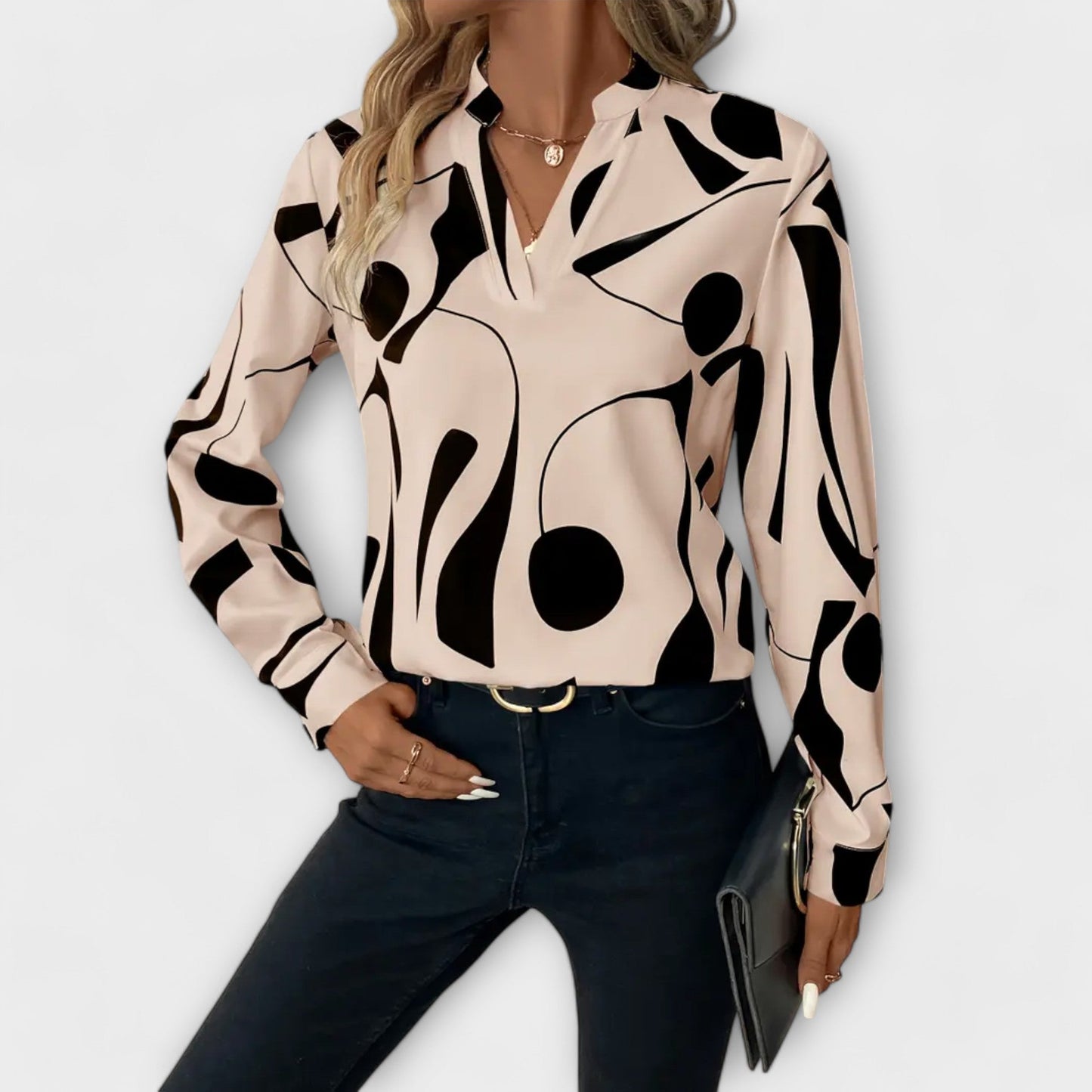 Chic Long-Sleeve Blouse with Pointed Neckline