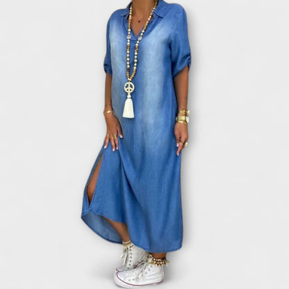 Lea - Long Denim-Style Dress with Side Slit