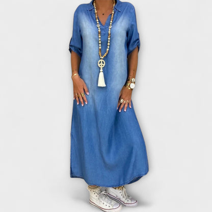Lea - Long Denim-Style Dress with Side Slit