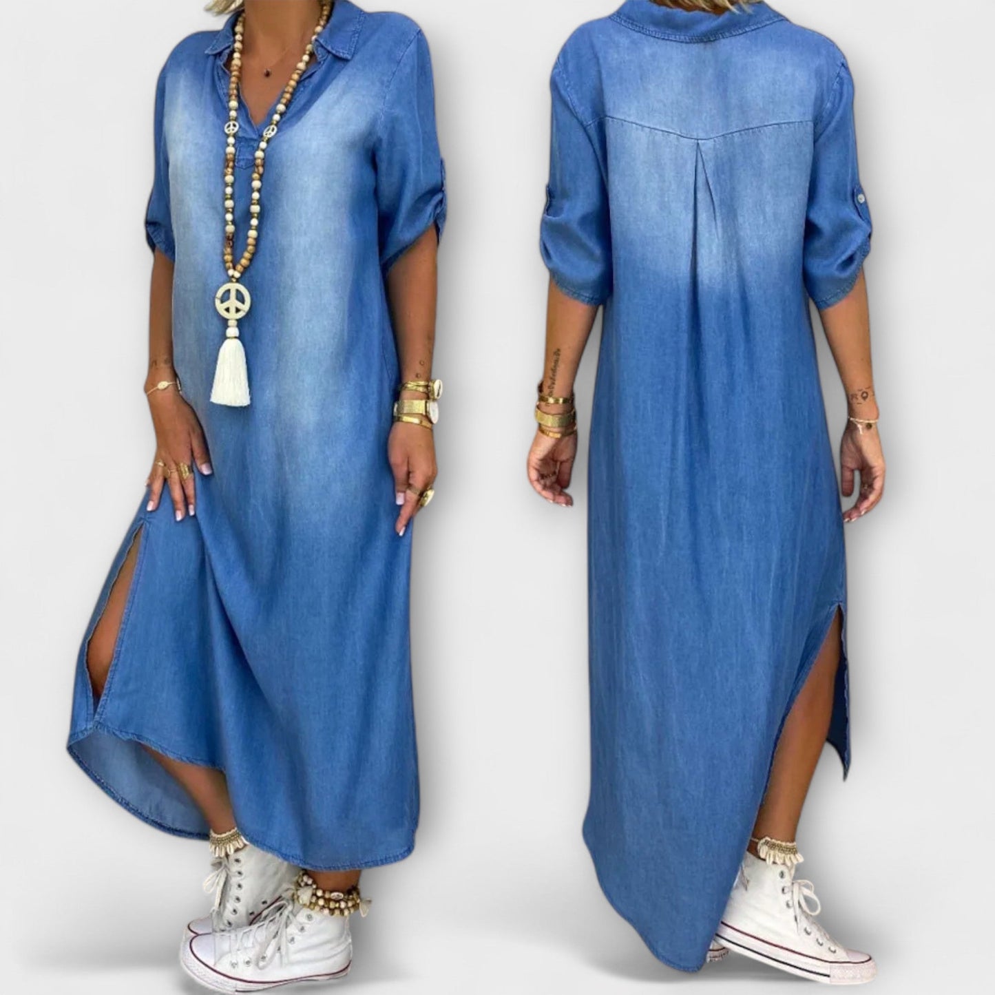 Lea - Long Denim-Style Dress with Side Slit