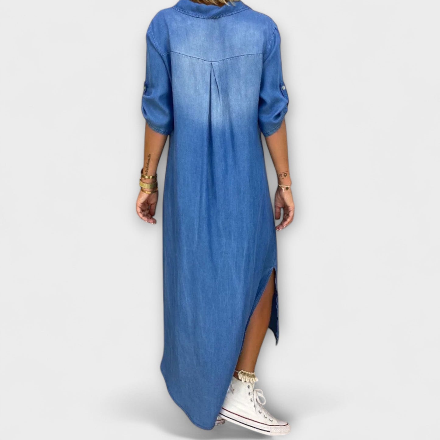 Lea - Long Denim-Style Dress with Side Slit