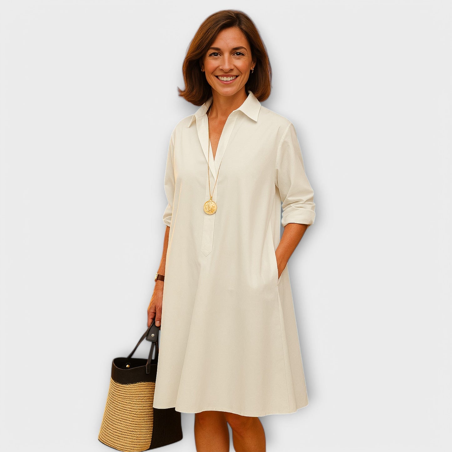 Contemporary Collared Shirt Dress with Three-Quarter Sleeves