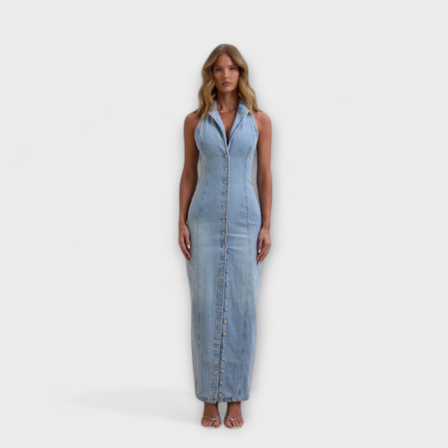 Lacey - Mid-Wash Denim Maxi Dress