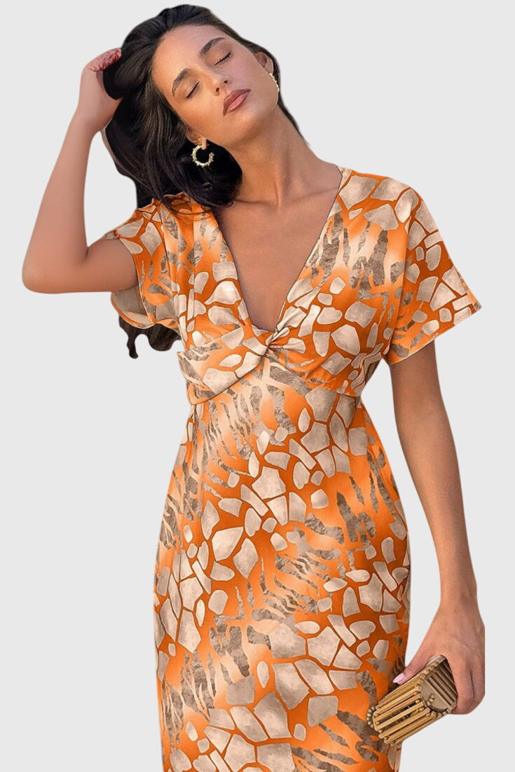 Dresses with Abstract Print and V-Neck Exposure
