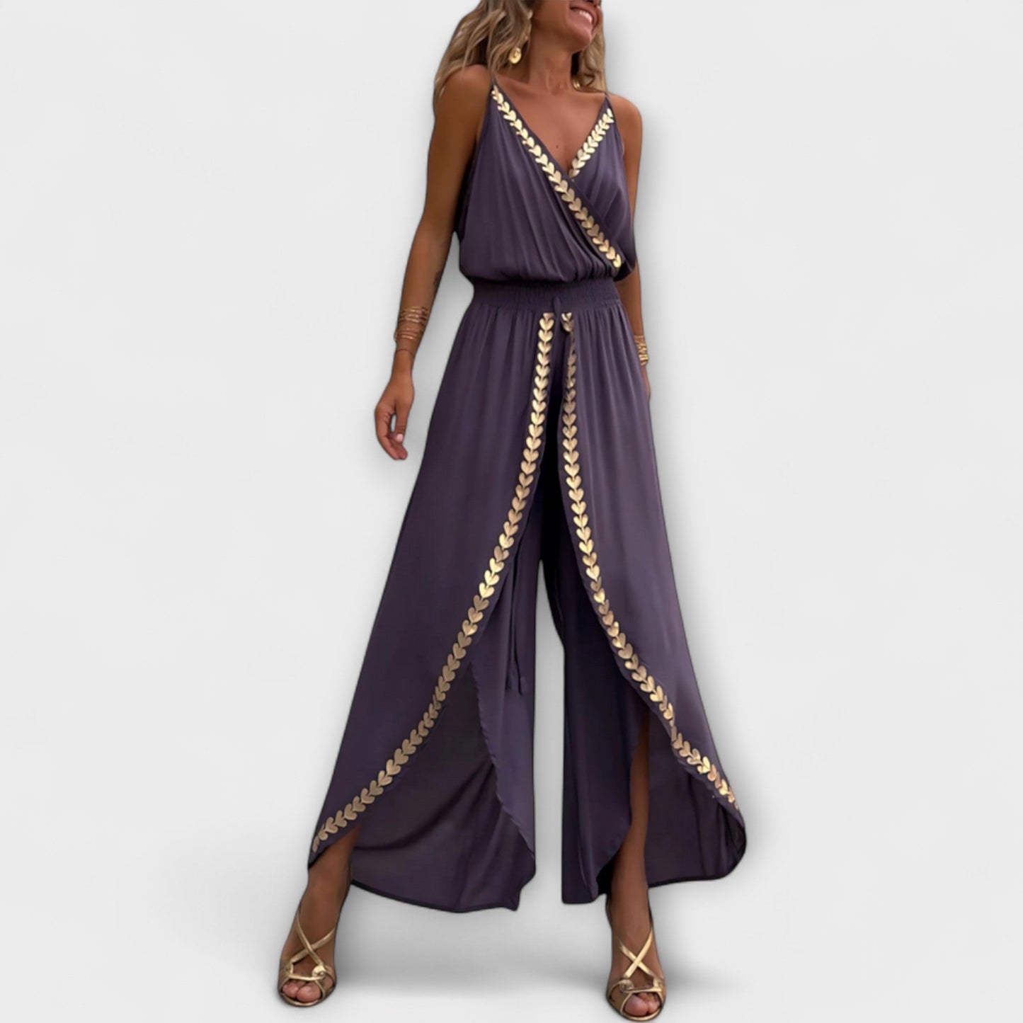 Angela - Donatila V-Neck Jumpsuit with Embroidery and Open Legs