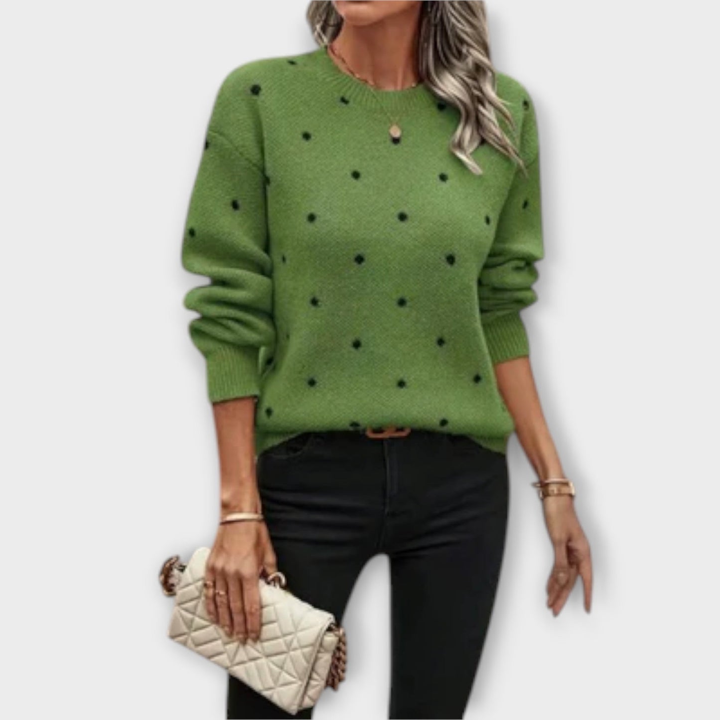 Ava – Casual Long Sleeve Knit Sweater with Polka Dot Design