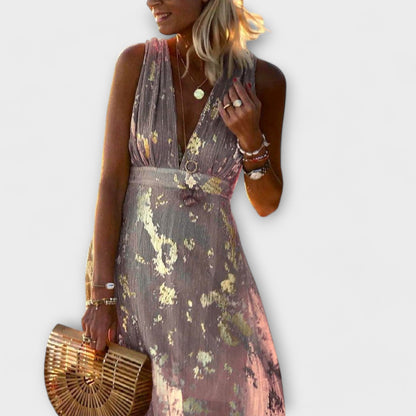 V-Neck Sequin Detail Flowing Dress