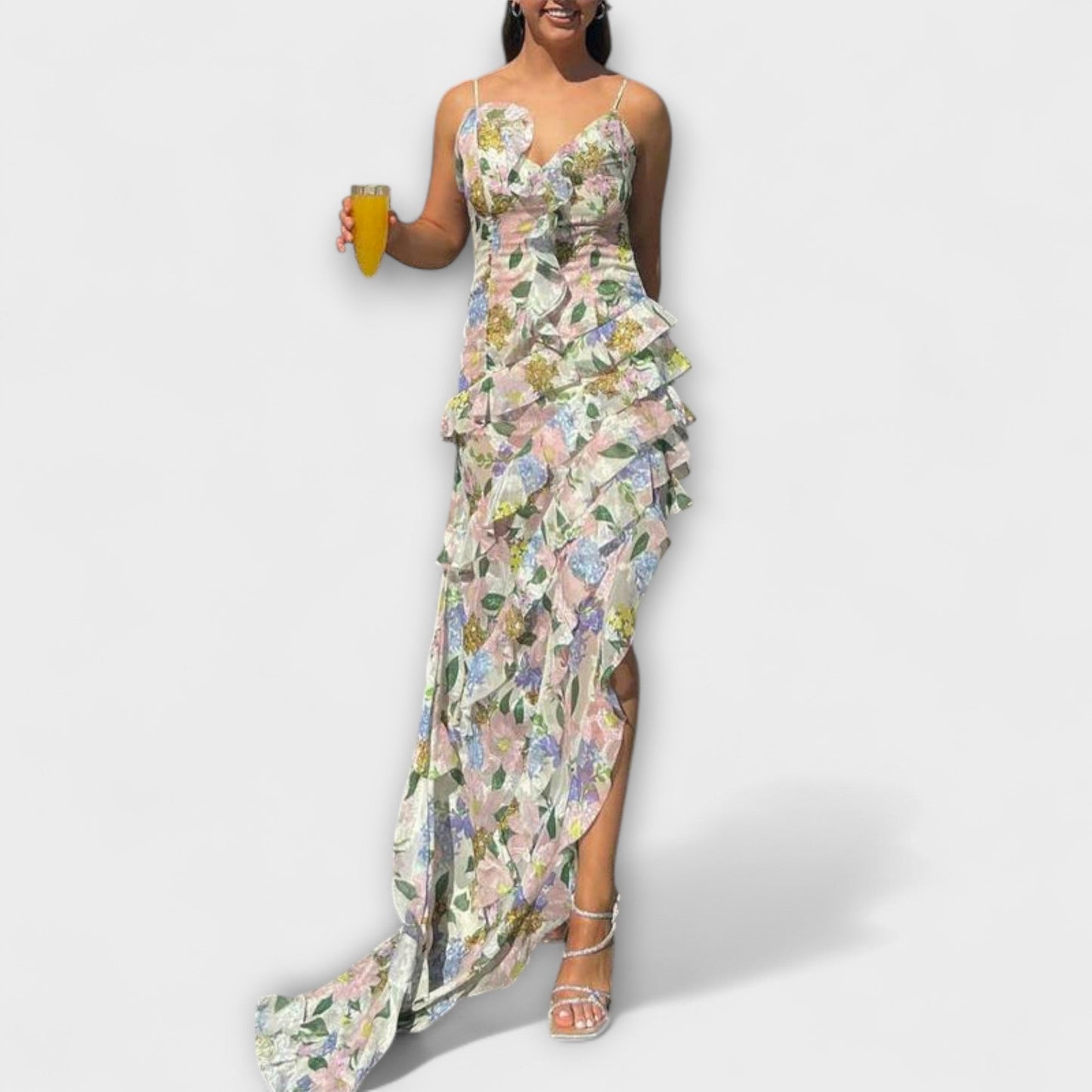 Indie Ruffled Dress with Strap Print