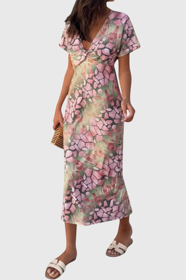 Dresses with Abstract Print and V-Neck Exposure